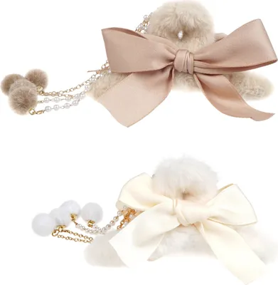 Produktbild von Elegantes Plüsch Haarklammer Set | 2 Stück große Haarspange | Cremefarben | Schleifen und Schmuckbehang | 12cm