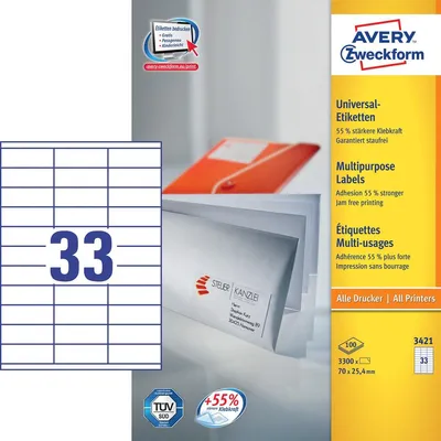 Image de Avery Zweckform 3421 Étiquettes universelles, 70 x 25,4 mm, 100 feuilles/3 300 étiquettes, blanc