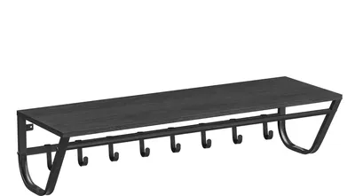 A black wooden shelf with metal hooks mounted on a white background.