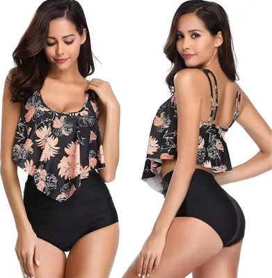 Produktbild von Schwarzer Bikini-Badeanzug mit hohem Bund und Blättermuster, Strand-Badeanzug