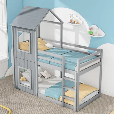 Image de MODFU Lit Superposé 90x200 - Lit Enfant Cabane Avec Cadre En Bois - Bois - Sans Matelas - Grey