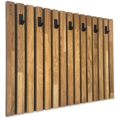 Produktbild von Kleiderhaken Holz Eiche Schwarz – Wandgarderobe Paneel 80x60 cm, Garderobenhaken, Flurgarderobe, Wandhaken, Garderobe Flur, Garderobe Holz
