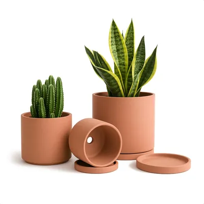 Productafbeelding van Omgoods - Set van 3 Terracotta Plantenpotten met Onderteller