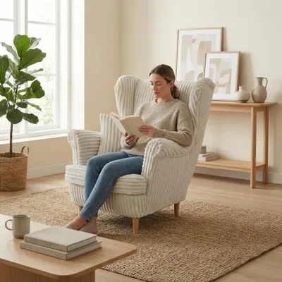 Produktbild von Ohrensessel IDYLLA – skandinavischer Sessel mit breitem Cord, Beige, Family Meble