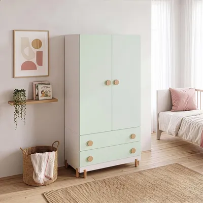 Produktbild von Kinderkleiderschrank 'Vaarentaa' mit 2 Türen 2 Schubladen 156 x 80 x 41 cm Weiß / Mintgrün