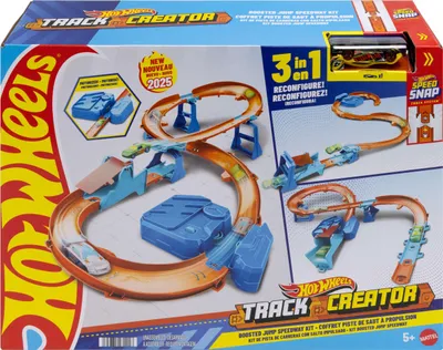 Produktbild von Mattel Hot Wheels Track Creator Beschleuniger-Sprung-Schnellstrecke-Set mit Spielzeugauto im Maßstab 1:64 und motorisiertem Bes