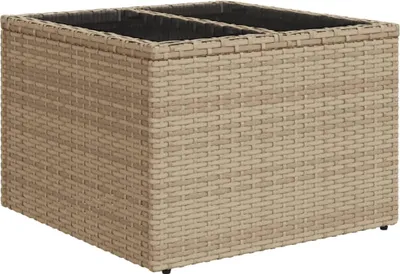 A square poly rattan coffee table with a glass top, shown from a slightly elevated side angle.
