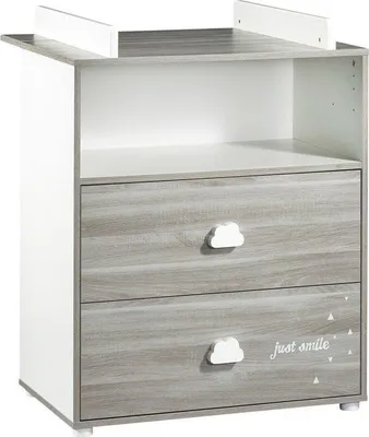 Image de Commode à Langer, Babyprice Smile Chêne Silex, 2 Tiroirs, 1 Niche, Bois Blanc, Dispositif à Langer Amovible