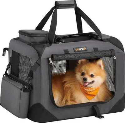 Produktbild von Famanu Transportbox für Haustiere, faltbar, grau 50 x 35 x 35 cm - atmungsaktiv und tragbar