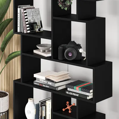 Produktbild von DECORTIE Karmato Modernes Bücherregal Display Unit Schwarz 96 x 26 x 169 cm