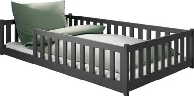 Produktbild von Kinderbett Bodenbett 120x200 cm mit Rausfallschutz & Lattenrost Montessori Bett Bed Gitterbett Kinder Jugendbett Einzelbett | Graphit