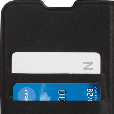 A close-up view of a black phone case with two card slots, one holding a white card and the other a blue credit card.