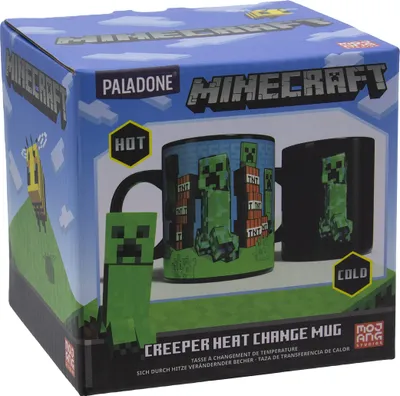 The image shows the packaging of a Minecraft Creeper heat-change mug. The packaging features graphics of Minecraft characters and the product itself.