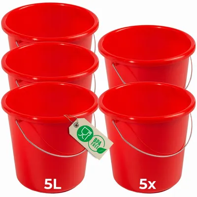 Obrázek produktu pro Novaliv 5 kusů Kbelík 5L červený se stupnicí - Úklidový kbelík 5 litrů ⌀ 22,5 cm Praktický univerzální kbelík se stupnicí pro domácnost a zahradu ideální jako domácí kbelík, kbelík na vodu, kbelík na mop, vědro