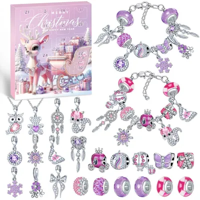 Immagine prodotto di Calendario dell'Avvento con gioielli per bambine, anno 2026, 24 pezzi: braccialetto, collana e ciondoli. Kit creativo fai-da-te, ideale come regalo