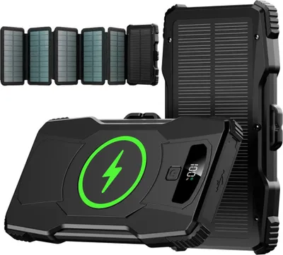 Produktbild von Externer Solarakku mit 6 Linomag®-Panels, Powerbank 10000 mAh, Typ-C-Aufladung, USB, Micro-USB, magnetisch, kabellos, integrierte Taschenlampe, wasserdicht, Schwarz