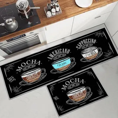 Obrázok produktu pre Kuchynská rohož, 2-dielna, s motívom kávy, protišmyková, do kuchyne a kancelárie, 43 x 150 cm + 43 x 75 cm