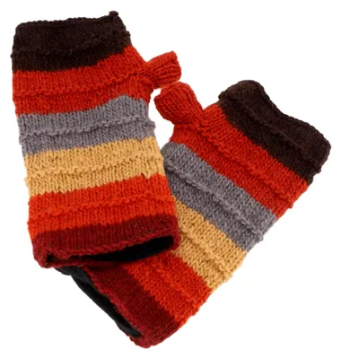 Produktbild von Geringelte Handstulpen aus Nepal, Handgestrickte Pulswärmer aus Schurwolle - Rostorange/bunt, Herren/Damen