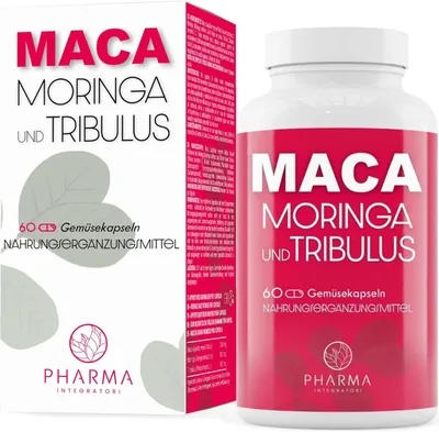 Produktbild von Maca Kapseln Hochdosiert mit Moringa und Tribulus Terrestris – Schwarzes, rotes und peruanische Maca-Wurzel in reinem Pulver | Schwarzes Maca Pulver