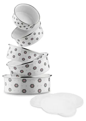 Produktbild von Schüssel-Set 5 Stück, Küchenschüsseln, sortiert in den Größen Ø 10 cm / 12 cm / 14 cm / 16 cm / 18 cm, aus emailliertem Stahl mit luftdichten Kunststoffdeckeln