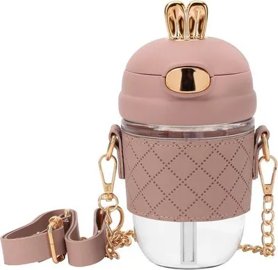 Image de Bouteille d'eau en plastique rose de 380 ml avec sangle et bouchon de sécurité - sans BPA - Idéale pour le sport, l'école, le bureau, la salle de sport et les activités de plein air.