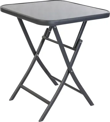 A folding bistro table with a dark gray metal frame and a gray glass top, shown against a white background.