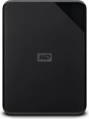 A black external hard drive with the WD logo in the center, presented on a white background.