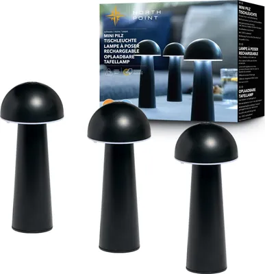 Produktbild von Northpoint Moderne LED Tischleuchte in Pilzform im 3er-Set für den Innen- und Außenbereich stufenlos dimmbar USB-Ladung CCT Farbwechsel Pilz schwarz