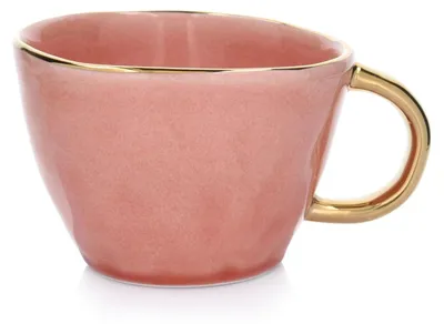 Produktbild von Tasse Kaffeetasse Porzellantasse Kaffeebecher - DUKA Siren Lachsfarbener Steingutbecher mit Goldakzenten, 300 ml