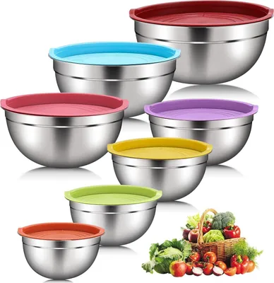 Produktbild von 7-teiliges Schüssel-Set aus Edelstahl mit bunten Deckeln, Rührschüsseln, Salatschüsseln, stapelbar, platzsparend, Kochutensilien, Küchenutensilien