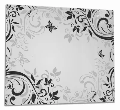 Produktbild von Wallario Herdabdeckplatte aus Glas, Größe 60 x 52 cm 1-teilig, Motiv Schnörkelmuster mit Schmetterlingen
