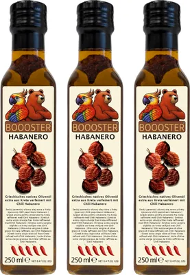 Produktbild von APSU Würz-Öl extra scharf 3x 250ml von BOOOSTER® Extra Natives Olivenöl mit Habanero Chilis Premium-Dressing-Öl aus Griechenland Kreta für Feinschmecker-innen und die mediterrane Küche