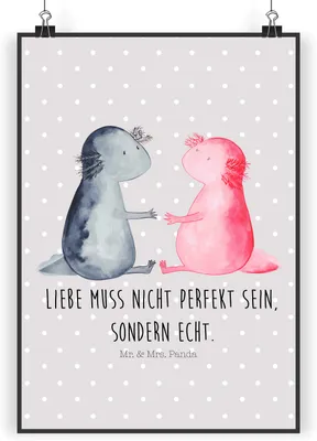Produktbild von Mr. & Mrs. Panda Bild Axolotl Liebe DIN A4 - Grau Pastell - Geschenk, Valentinstag, Wanddeko, Plakat, drucke, Lurch, Wandbild