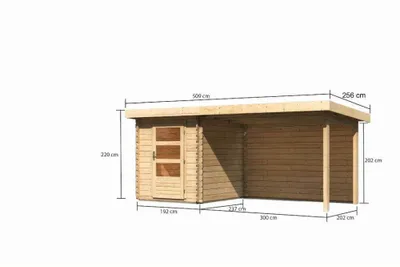 Productafbeelding van Houten blokkenhuis Bastrup, in natuurlijke staat, in een set met een aanbouwdak, 3 meter breed, 28 mm dikke achterwand
