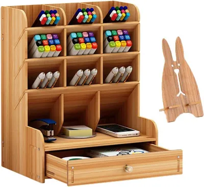 Imagen del producto de Organizador de escritorio de madera, multifuncional, con cajón, 1 unidad