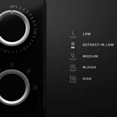 A close-up view of the control panel of a black appliance, likely a microwave, showing various settings and dials.