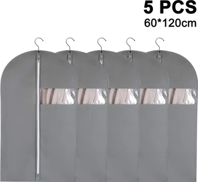 A set of five gray garment bags hanging side-by-side, each with a clear plastic window, against a white background.