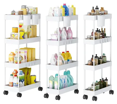 Produktbild von 4-stöckiger Aufbewahrungswagen mit Rollen, platzsparend, schmal, mobil, minimalistischer Multifunktionswagen für Bad und Küche, weiß