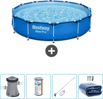 Produktbild von Bestway Round Steel Pro Swimmingpool – 366 x 76 cm – Blau – inklusive Pumpe Filter - Reinigungskit - Sonnensegel