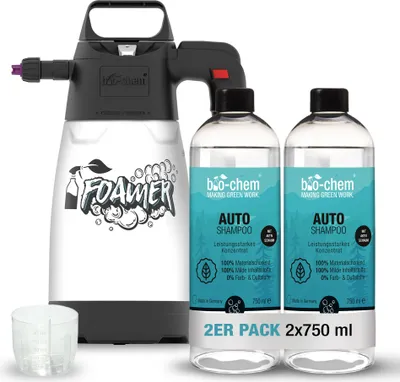 Produktbild von bio-chem AutoShampoo biologisch abbaubar – 2x 750 ml inkl. Schaumsprüher – pH-neutrales Konzentrat – Kraftvoll gegen Schmutz, schonend zum Lack – greift Wachs-Versiegelung nicht an - Germany