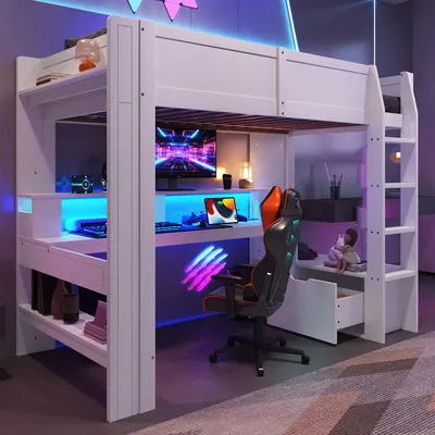 A modern loft bed with a built-in desk and gaming setup, illuminated by colorful LED lights.