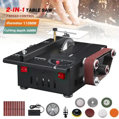 Obrázok produktu pre Mini kombinácia stolovej okružnej píly a pásovej brúsky - stolová píla - motor 150 W (DC) - 7 nastaviteľných rýchlostí - vhodná pre drevo, kov, plast, kameň - čierna