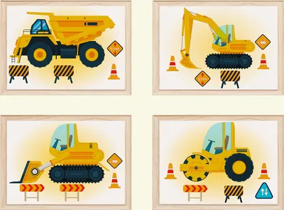 Produktbild von Baufahrzeuge Baustelle Walze Bagger Bilder 4er Set DIN A4 Kinderzimmer Wandbilder Babyzimmer Poster Dekoration