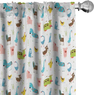 Image de ABAKUHAUS Rideaux caricaturaux, rideaux, motif animalier avec cochon, coq, vache, chevaux et moutons, illustration de style griffonné, 2 pièces 75 x 225 cm, multicolore