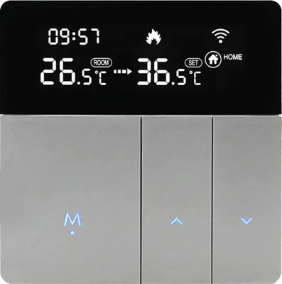 A digital smart thermostat with a large LCD screen displaying time, temperature, and icons.