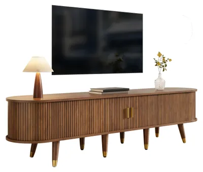 Productafbeelding van TV-kast 175 cm, met rieten schuifdeuren, veel opbergruimte, landelijke stijl, gemaakt van MDF, met open vakken, lades en een kast. Kleur: walnoot