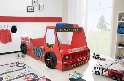 Produktbild von Autobett für Kinder 90x200 Feuerwehrbett Kinderbett Rio "Firetruck" Hochglanz mit LED Leuchte