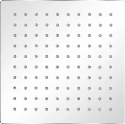 A square shower head with multiple nozzles, viewed from directly above.