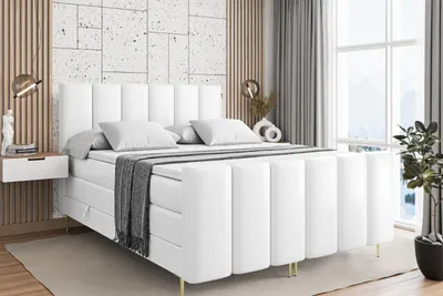 Produktbild von ALTDECOR Boxspringbett mit Gold Füßen, Matratze und Lattenrost, Topper, Fußteil, Polsterbett mit Bettkasten, Bett mit Stauraum H3- und H4- Matratze -BOXI1-FZ-Z KING-140x200 - Weiß Kunstleder