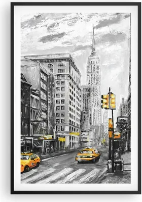 Produktbild von Gerahmtes Poster - Schwarzer Rahmen - Stadt Taxi Wolkenkratzer Illustration - 61x91,5 cm - Wand Bild - Wanddeko - Wandbilder - Wandposter - Bilderrahmen - Bilder - Kunstdruck - P2BPA61x91-3148